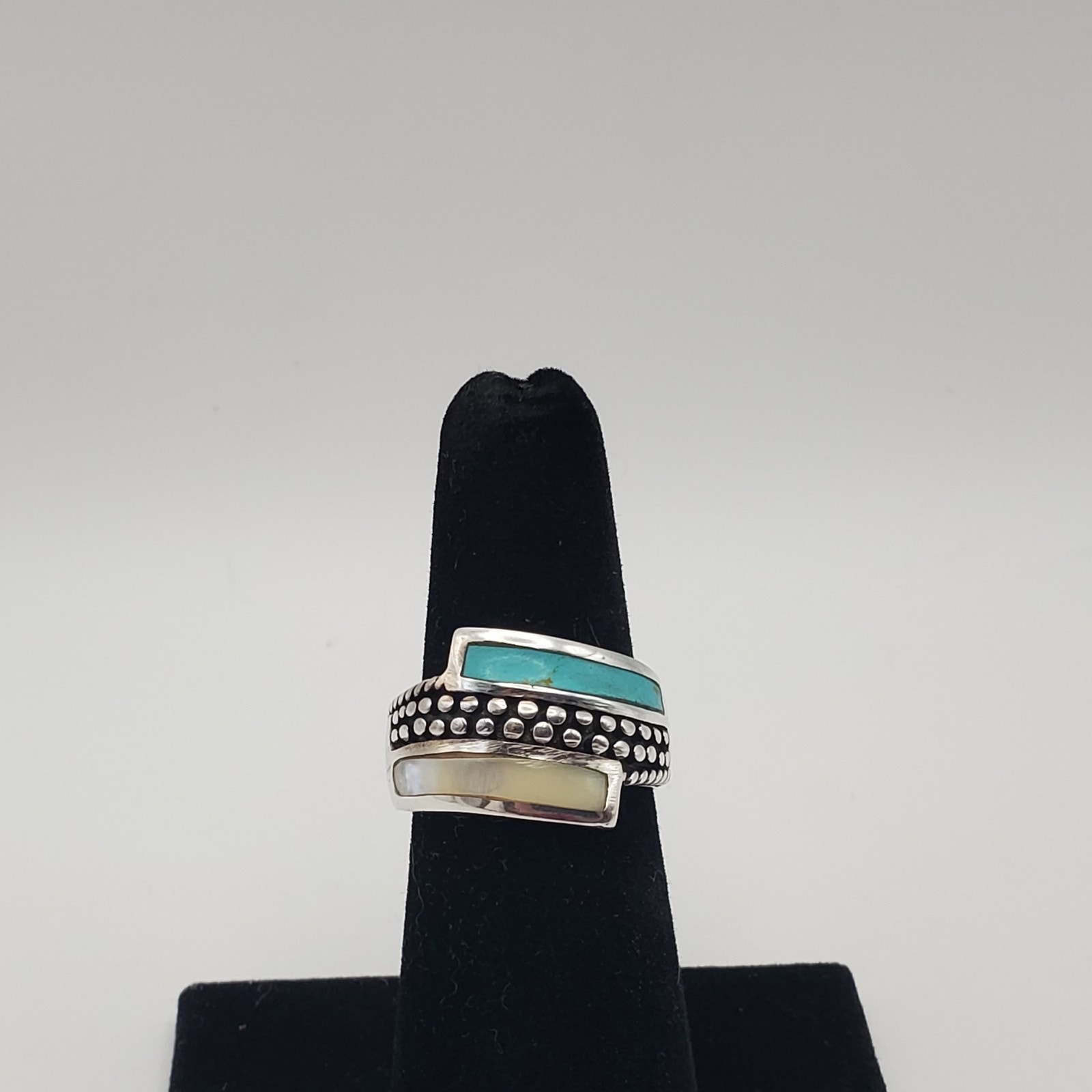 Sterling Silver 925 Turquoise & Mother Of Pearl Inlay Ring Size 7